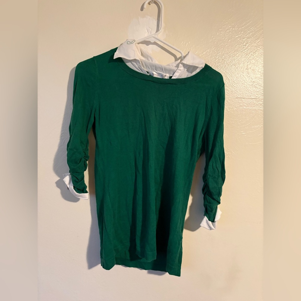 August Silk Green Layered-Look Sweater with White Shirt Collar